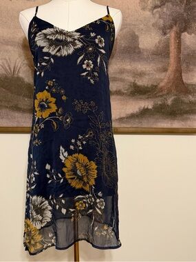 Kendall & Kylie Navy Slip Midi Dress with Mustard and White Floral Print
